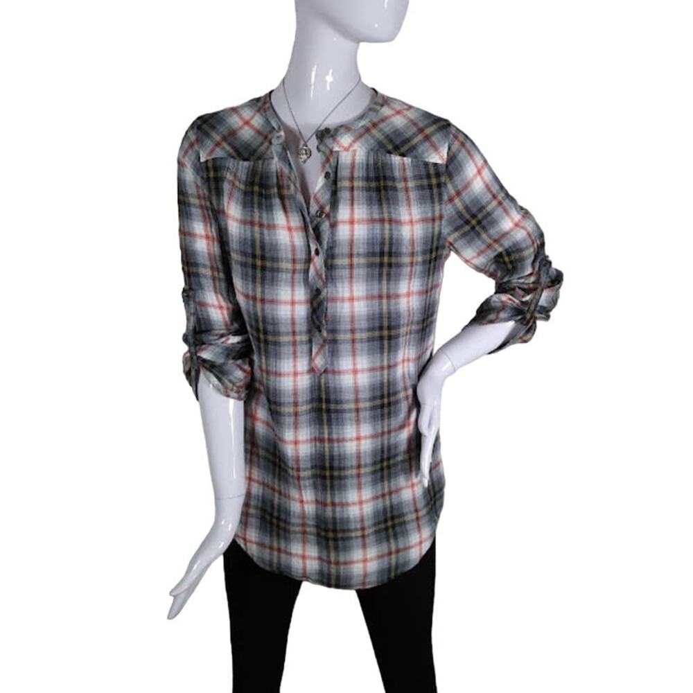 Soft Surroundings Plaid Button Up Tunic XS Gray and Red Roll Tab Long Sleeve